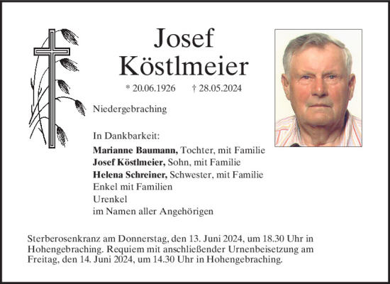 Traueranzeige von Josef Köstlmeier von Mittelbayerische Zeitung Regensburg