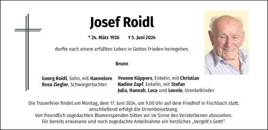Traueranzeige von Josef Roidl von Mittelbayerische Zeitung Regensburg
