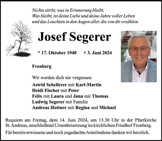 Traueranzeige von Josef Segerer von Mittelbayerische Zeitung Schwandorf