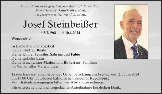 Traueranzeige von Josef Steinbeißer von Mittelbayerische Zeitung Regensburg