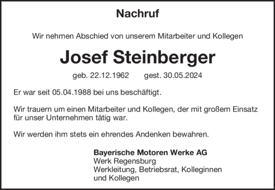 Traueranzeige von Josef Steinberger von Mittelbayerische Zeitung Regensburg