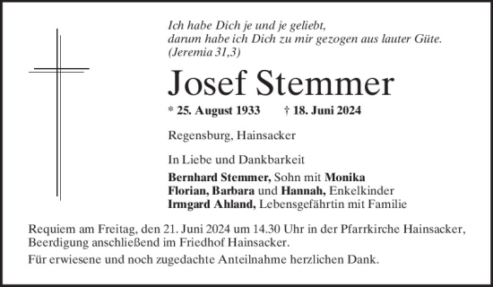Traueranzeige von Josef Stemmer von Mittelbayerische Zeitung Regensburg