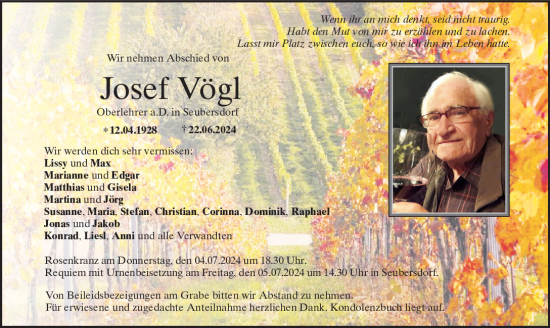 Traueranzeige von Josef Vögl von Neumarkter Tagblatt