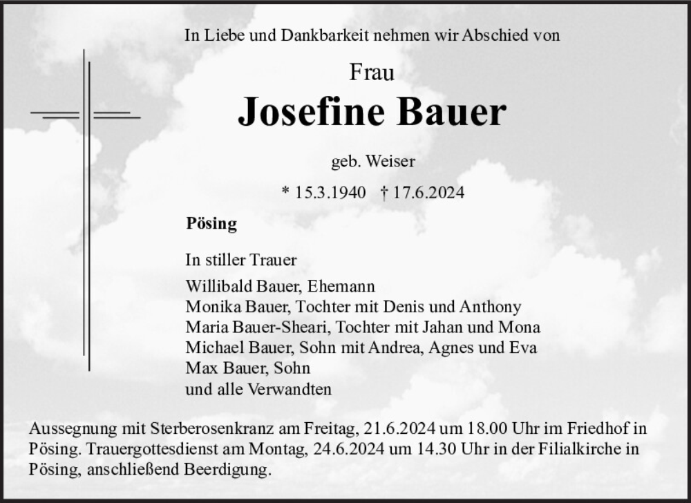  Traueranzeige für Josefine Bauer vom 20.06.2024 aus Bayerwald Echo
