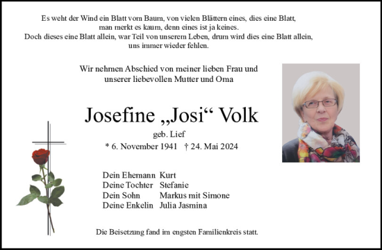Traueranzeige von Josefine Volk von Neumarkter Tagblatt