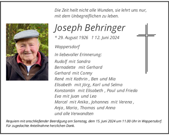 Traueranzeige von Joseph Behringer von Neumarkter Tagblatt