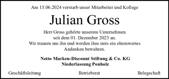 Traueranzeige von Julian Gross von Mittelbayerische Zeitung Regensburg