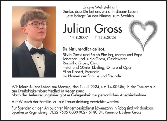 Traueranzeige von Julian Gross von Mittelbayerische Zeitung Regensburg