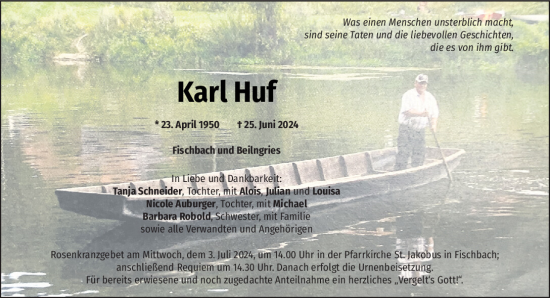 Traueranzeige von Karl Huf von Mittelbayerische Zeitung Schwandorf