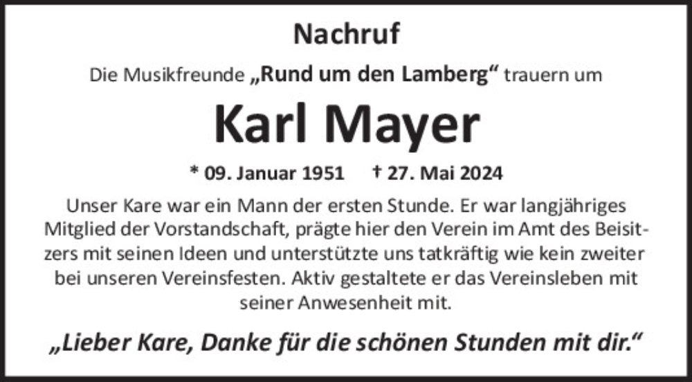  Traueranzeige für Karl Mayer vom 25.06.2024 aus Bayerwald Echo