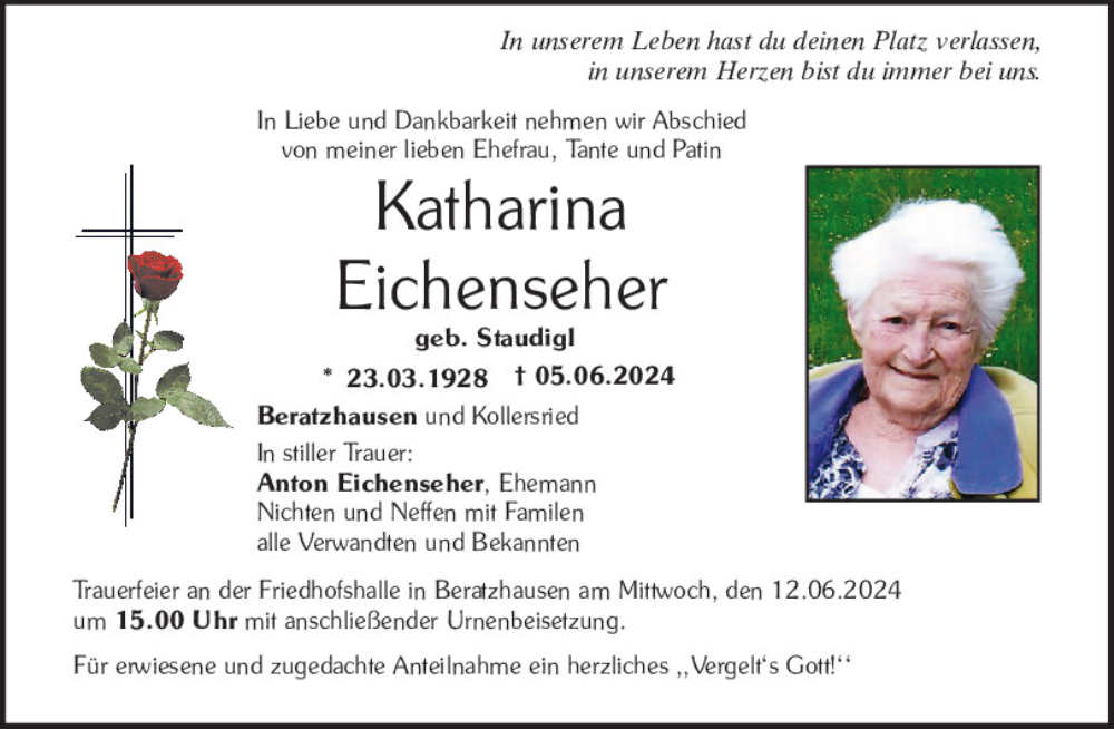  Traueranzeige für Katharina Eichenseher vom 08.06.2024 aus Mittelbayerische Zeitung Regensburg