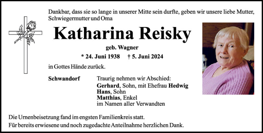  Traueranzeige für Katharina Reisky vom 14.06.2024 aus Mittelbayerische Zeitung Schwandorf