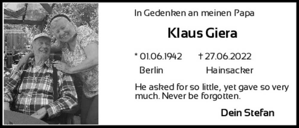  Traueranzeige für Klaus Giera vom 27.06.2024 aus Mittelbayerische Zeitung Regensburg