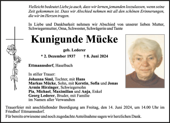 Traueranzeige von Kunigunde Mücke von Mittelbayerische Zeitung Schwandorf