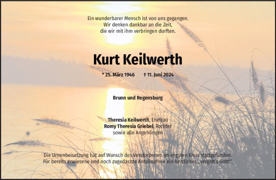 Traueranzeige von Kurt Keilwerth von Mittelbayerische Zeitung Schwandorf