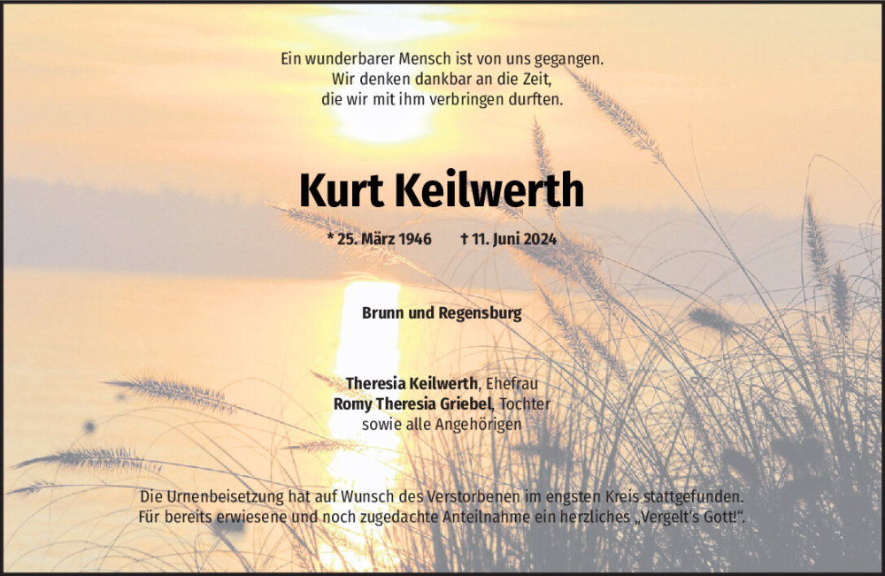  Traueranzeige für Kurt Keilwerth vom 22.06.2024 aus Mittelbayerische Zeitung Schwandorf