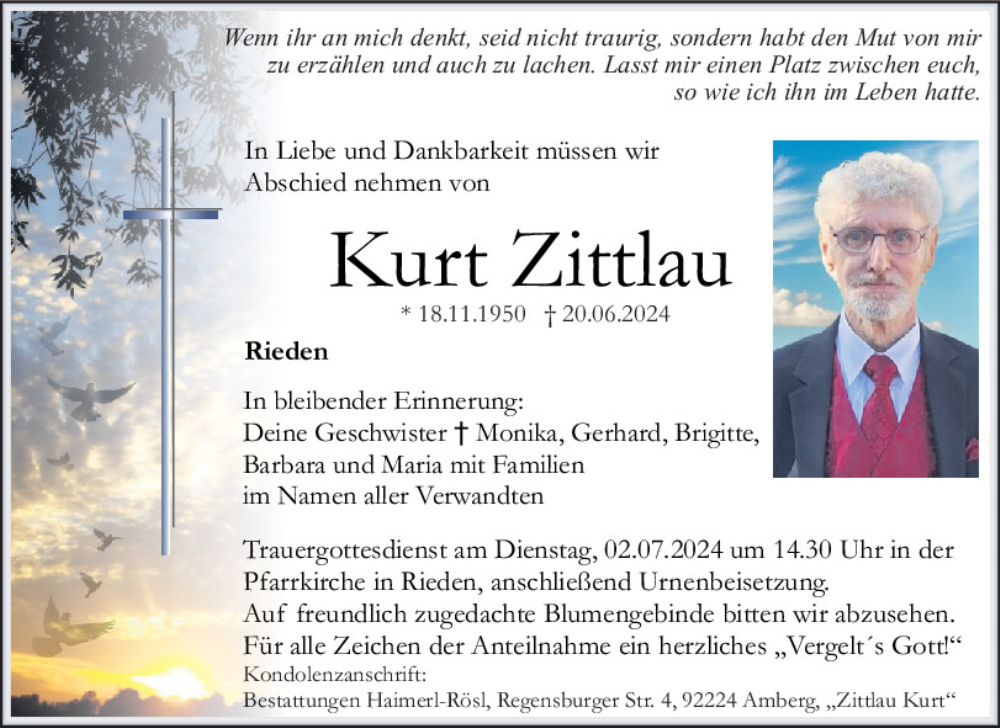  Traueranzeige für Kurt Zittlau vom 29.06.2024 aus Mittelbayerische Zeitung Schwandorf