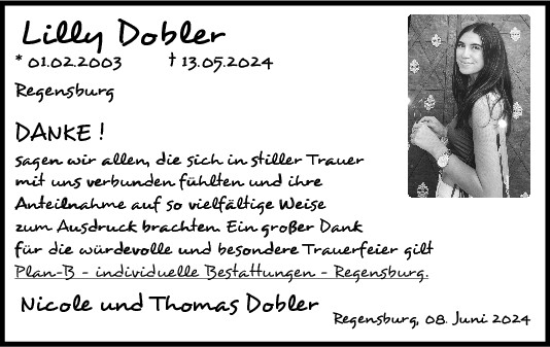 Traueranzeige von Lilly Dobler von Mittelbayerische Zeitung Gesamtausgabe