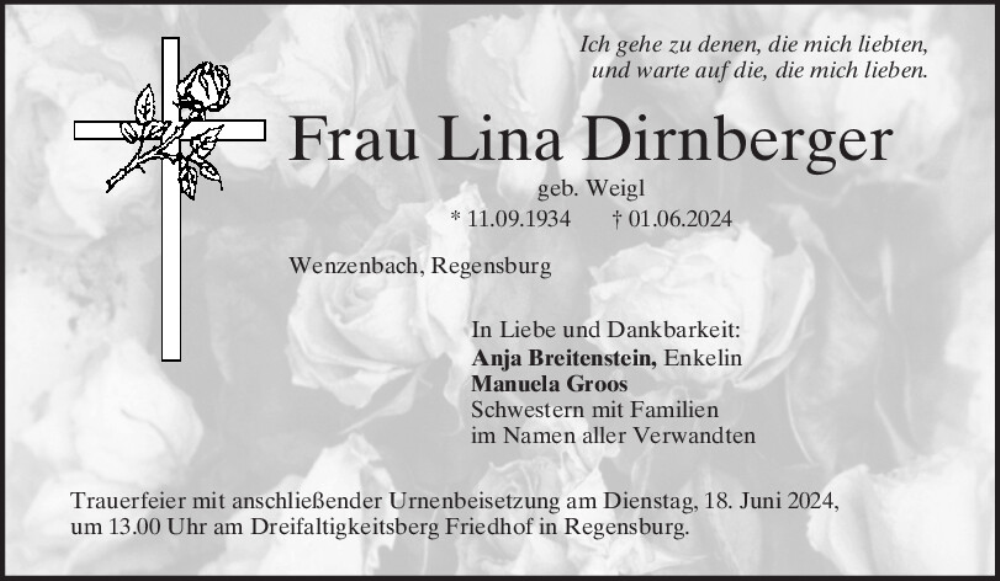  Traueranzeige für Lina Dirnberger vom 15.06.2024 aus Mittelbayerische Zeitung Regensburg