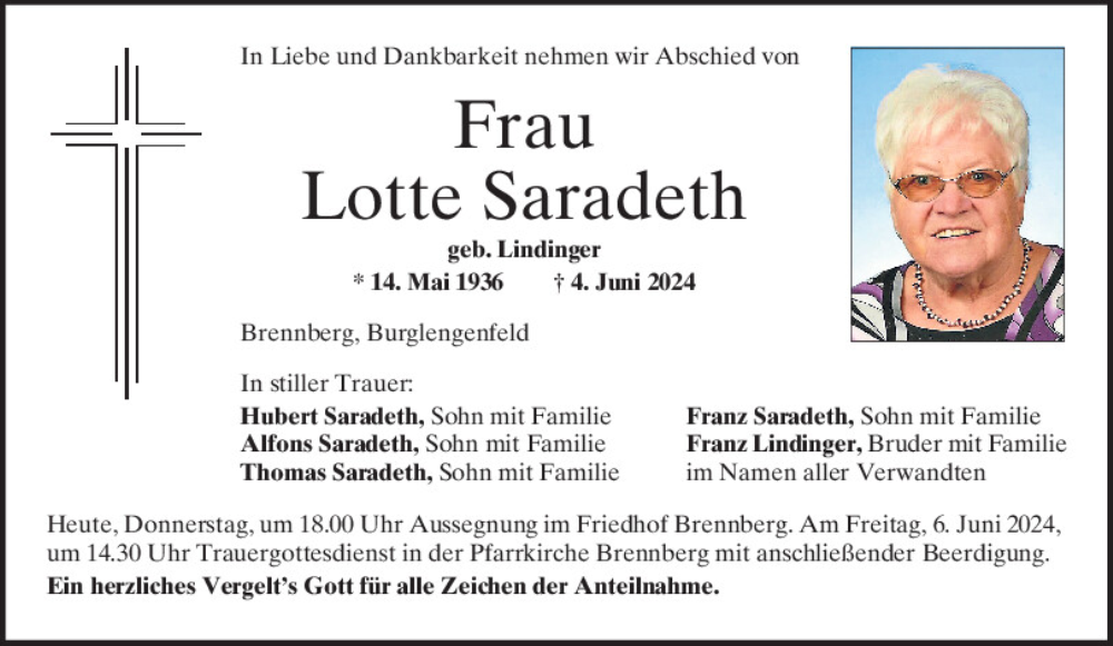  Traueranzeige für Lotte Saradeth vom 06.06.2024 aus Mittelbayerische Zeitung Regensburg