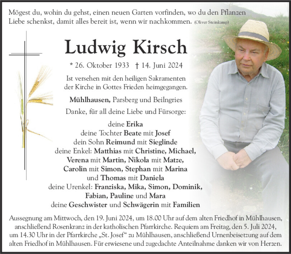  Traueranzeige für Ludwig Kirsch vom 18.06.2024 aus Neumarkter Tagblatt