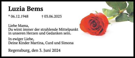 Traueranzeige von Luzia Bems von Mittelbayerische Zeitung Regensburg