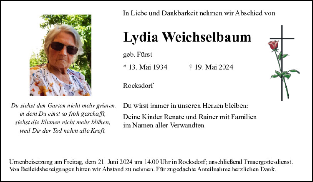  Traueranzeige für Lydia Weichselbaum vom 19.06.2024 aus Neumarkter Tagblatt