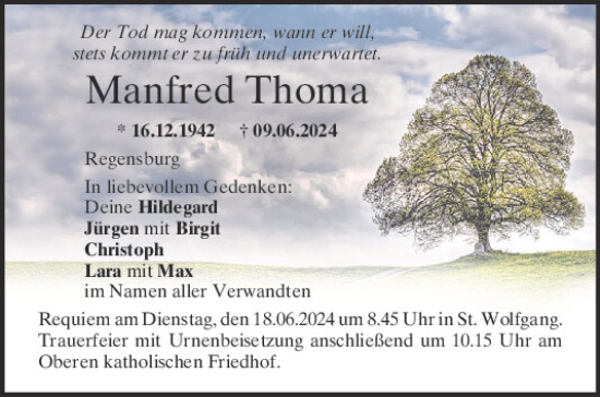 Traueranzeige von Manfred Thoma von Mittelbayerische Zeitung Regensburg