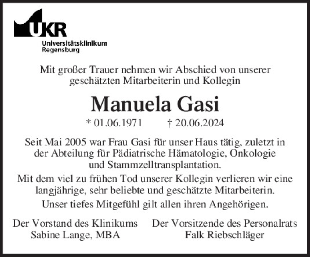  Traueranzeige für Manuela Gasi vom 29.06.2024 aus Mittelbayerische Zeitung Gesamtausgabe