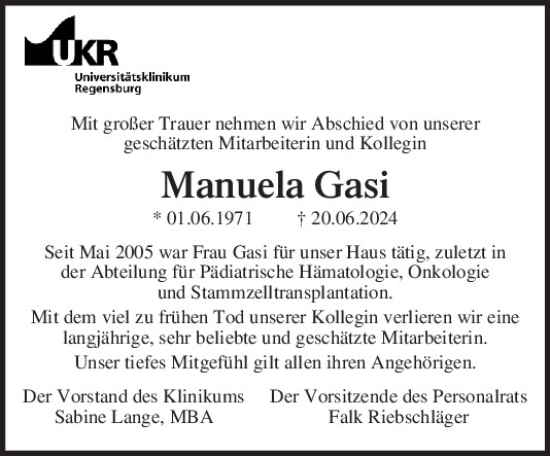Traueranzeige von Manuela Gasi von Mittelbayerische Zeitung Gesamtausgabe