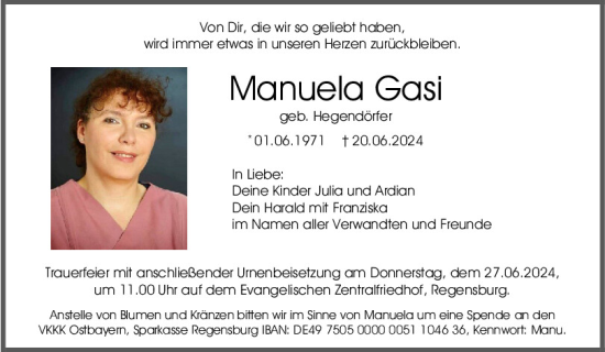 Traueranzeige von Manuela Gasi von Mittelbayerische Zeitung Regensburg