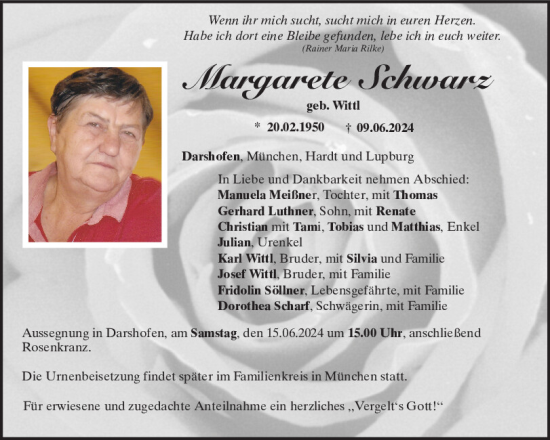 Traueranzeige von Margarete Schwarz von Neumarkter Tagblatt