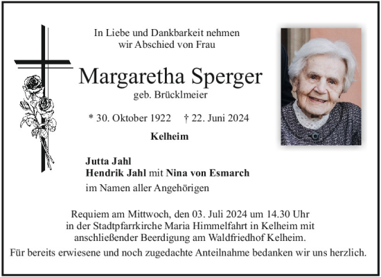 Traueranzeige von Margaretha Sperger von Mittelbayerische Zeitung Kelheim
