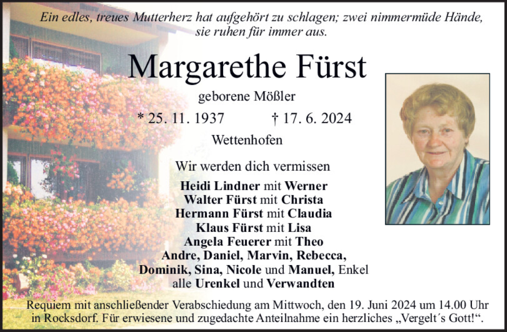 Traueranzeige für Margarethe Fürst vom 18.06.2024 aus Neumarkter Tagblatt