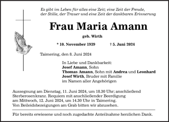 Traueranzeige von Maria Amann von Mittelbayerische Zeitung Regensburg