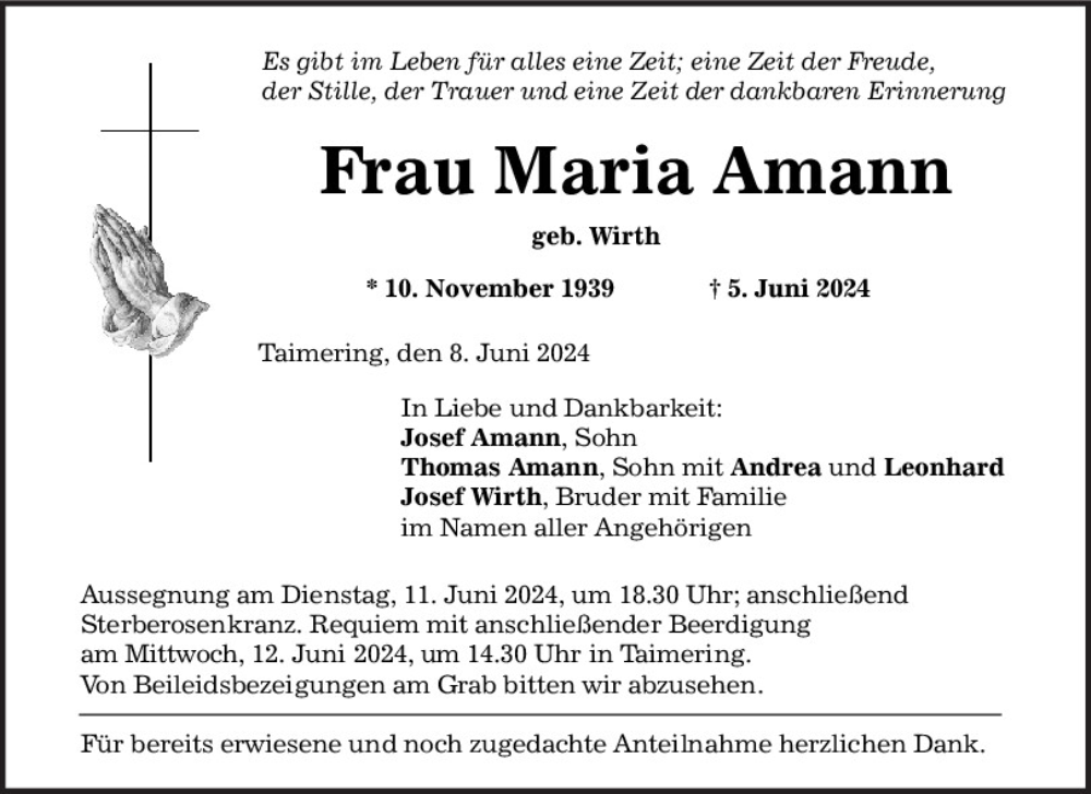  Traueranzeige für Maria Amann vom 08.06.2024 aus Mittelbayerische Zeitung Regensburg