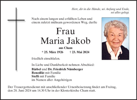 Traueranzeige von Maria Jakob von Bayerwald Echo