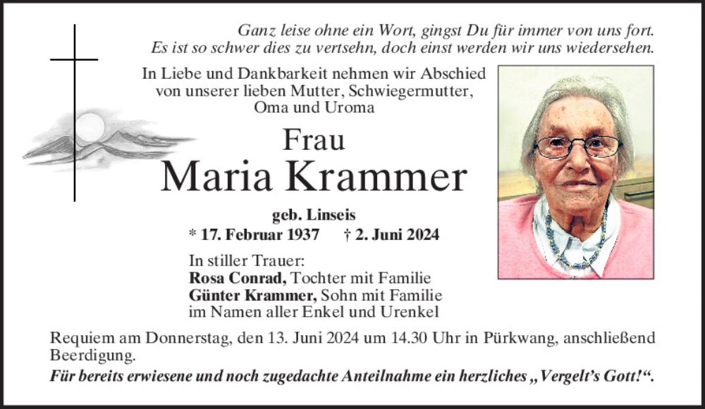  Traueranzeige für Maria Krammer vom 08.06.2024 aus Mittelbayerische Zeitung Kelheim