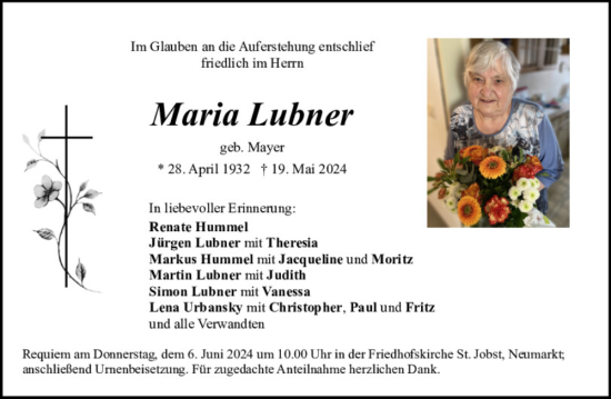 Traueranzeige von Maria Lubner von Neumarkter Tagblatt