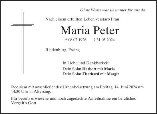 Traueranzeige von Maria Peter von Mittelbayerische Zeitung Kelheim