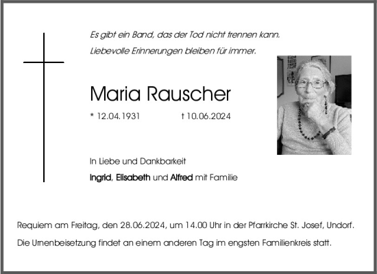 Traueranzeige von Maria Rauscher von Mittelbayerische Zeitung Regensburg