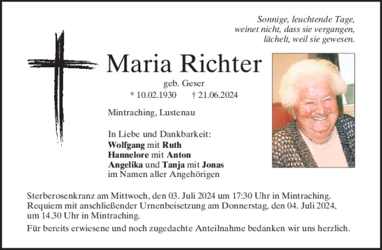 Traueranzeige von Maria Richter von Mittelbayerische Zeitung Regensburg