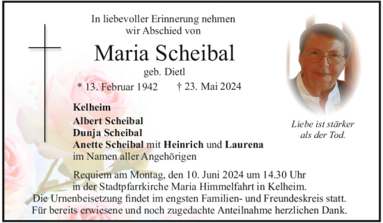 Traueranzeige von Maria Scheibal von Mittelbayerische Zeitung Kelheim