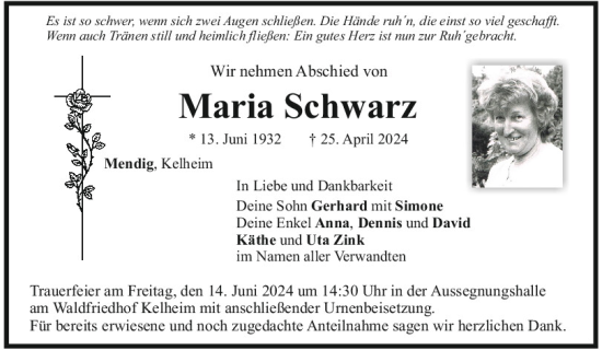 Traueranzeige von Maria Schwarz von Mittelbayerische Zeitung Kelheim