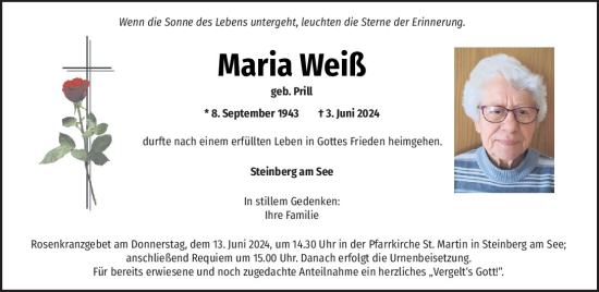 Traueranzeige von Maria Weiß von Mittelbayerische Zeitung Schwandorf