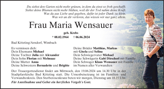 Traueranzeige von Maria Wensauer von Bayerwald Echo