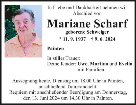 Traueranzeige von Mariane Scharf von Mittelbayerische Zeitung Regensburg