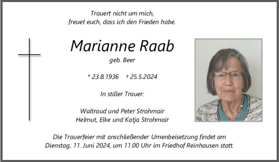 Traueranzeige von Marianne Raab von Mittelbayerische Zeitung Regensburg