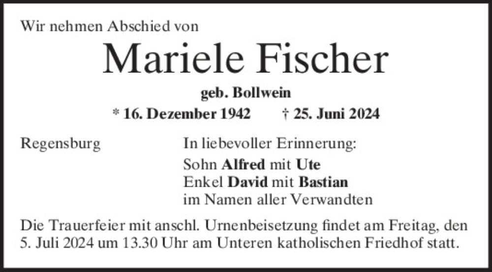  Traueranzeige für Mariele Fischer vom 29.06.2024 aus Mittelbayerische Zeitung Regensburg