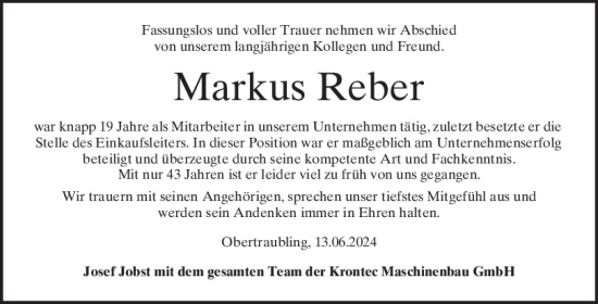 Traueranzeige von Markus Reber von Mittelbayerische Zeitung Regensburg